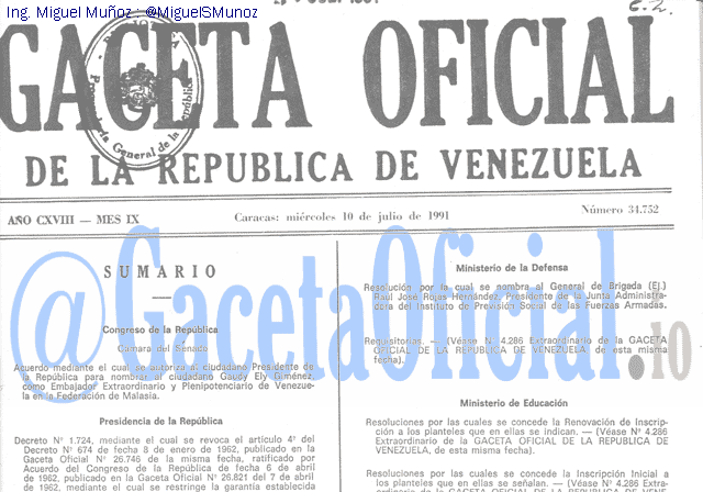 Gaceta Oficial 34752 del 10 Julio 1991