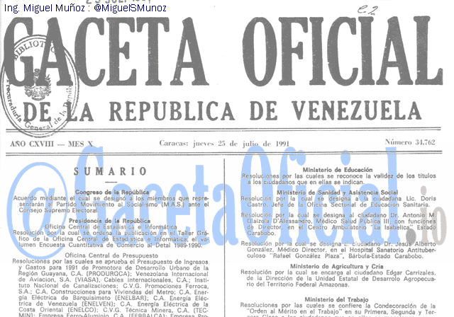 Gaceta Oficial 34762 del 25 Julio 1991