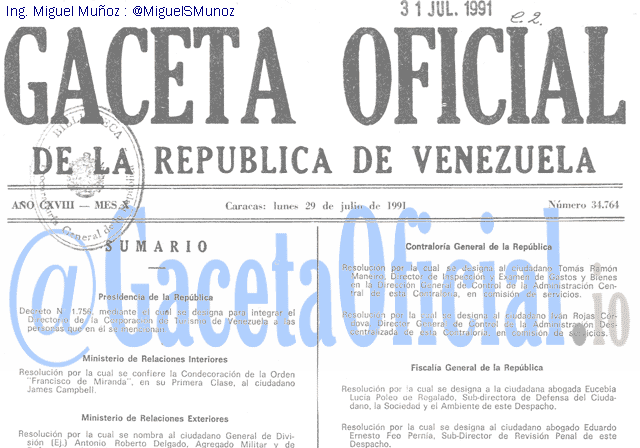Gaceta Oficial 34764 del 29 Julio 1991