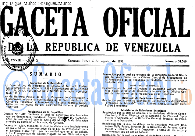 Gaceta Oficial 34769 del 5 Agosto 1991