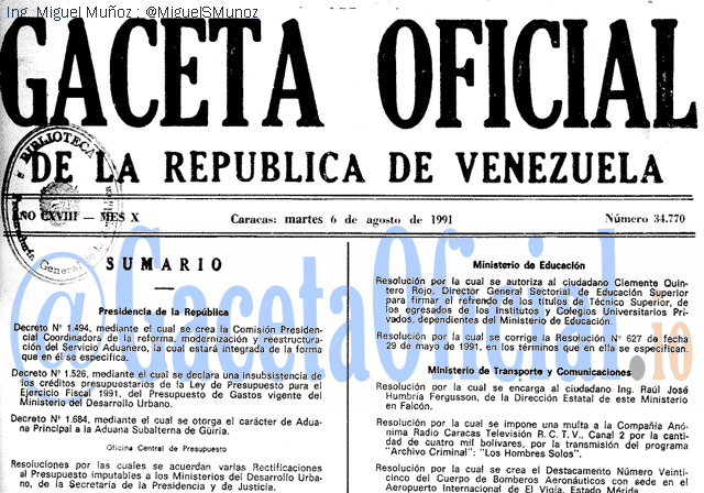 Gaceta Oficial 34770 del 6 Agosto 1991