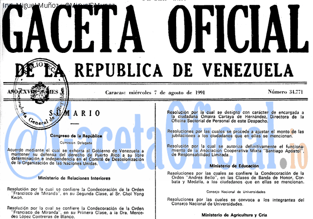 Gaceta Oficial 34771 del 7 Agosto 1991