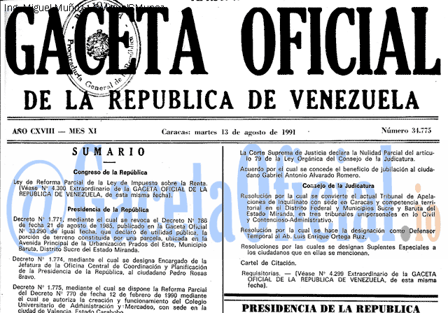 Gaceta Oficial 34775 del 13 Agosto 1991