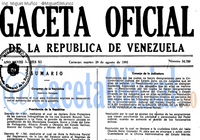 Gaceta Oficial 34780 del 20 Agosto 1991