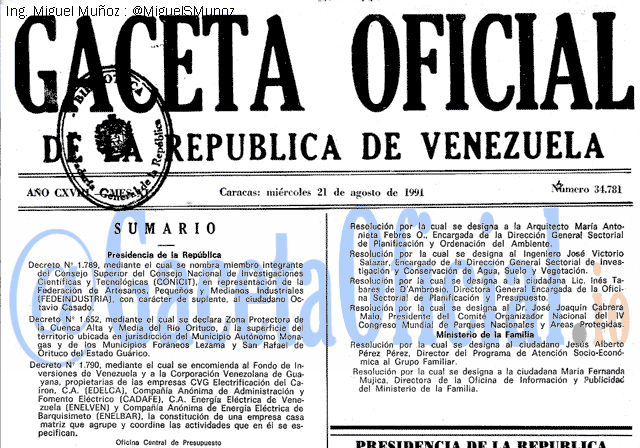 Gaceta Oficial 34781 del 21 Agosto 1991