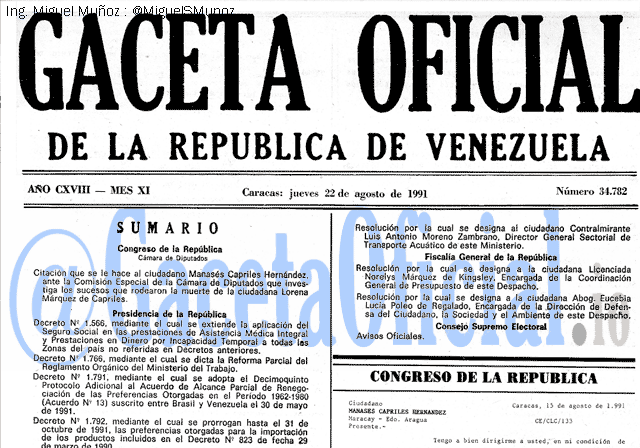 Gaceta Oficial 34782 del 22 Agosto 1991