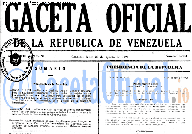 Gaceta Oficial 34784 del 26 Agosto 1991
