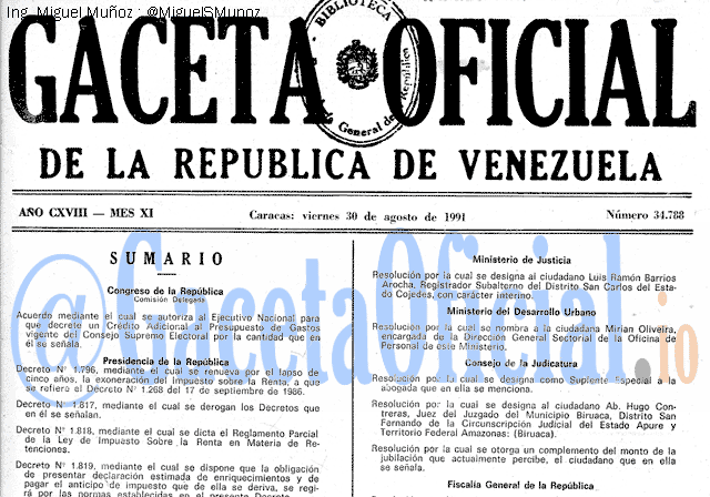Gaceta Oficial 34788 del 30 Agosto 1991