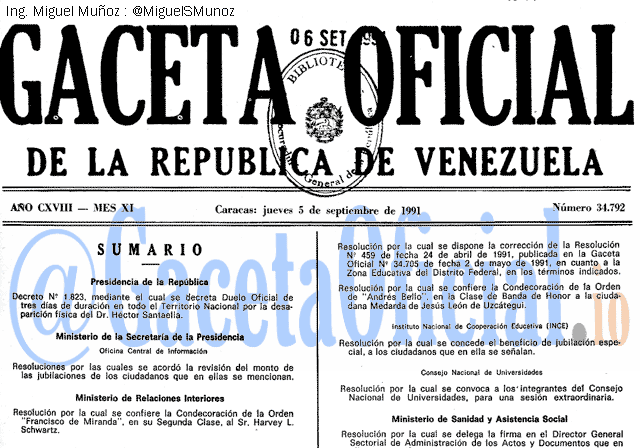 Gaceta Oficial 34792 del 5 Septiembre 1991