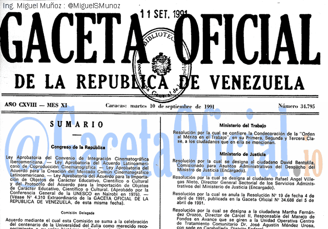 Gaceta Oficial 34795 del 10 Septiembre 1991
