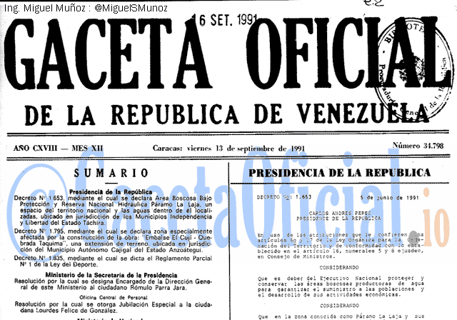 Gaceta Oficial 34798 del 13 Septiembre 1991
