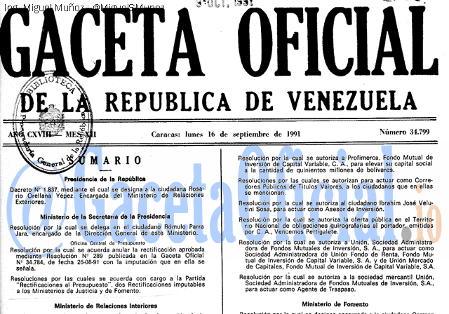 Gaceta Oficial 34799 del 16 Septiembre 1991