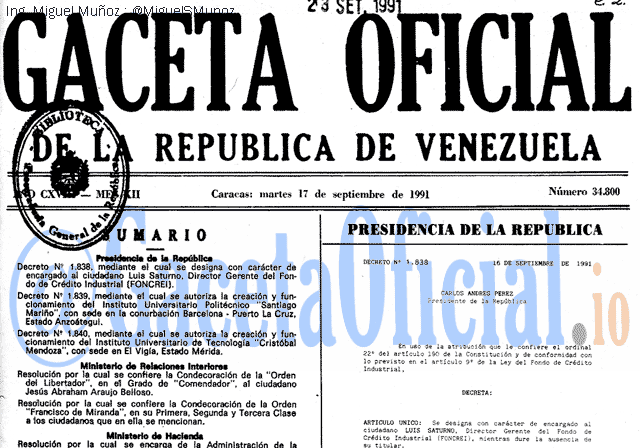 Gaceta Oficial 34800 del 17 Septiembre 1991