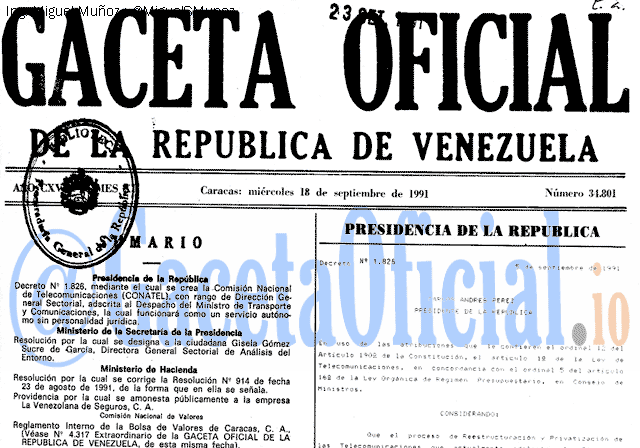 Gaceta Oficial 34801 del 18 Septiembre 1991