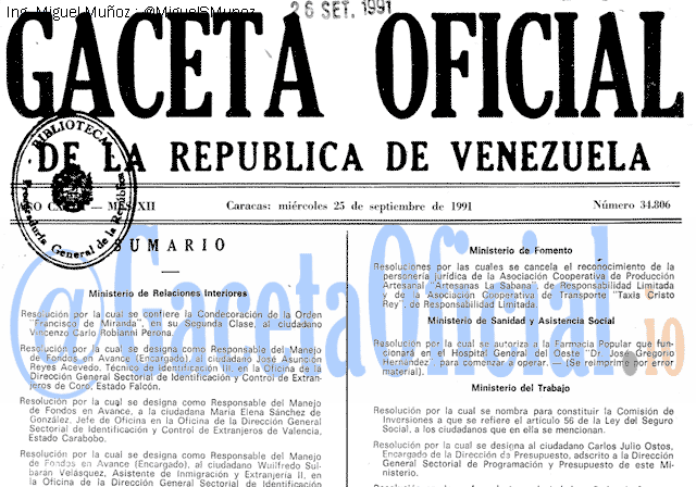 Gaceta Oficial 34806 del 25 Septiembre 1991