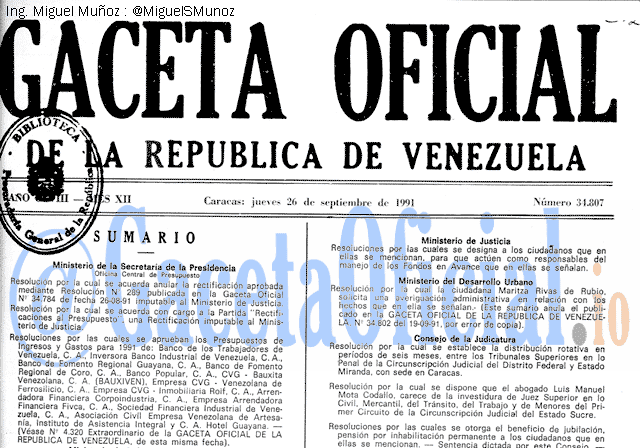 Gaceta Oficial 34807 del 26 Septiembre 1991