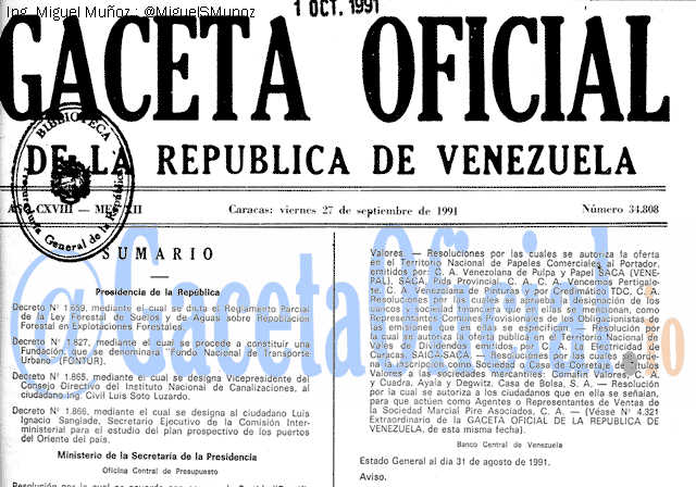 Gaceta Oficial 34808 del 27 Septiembre 1991