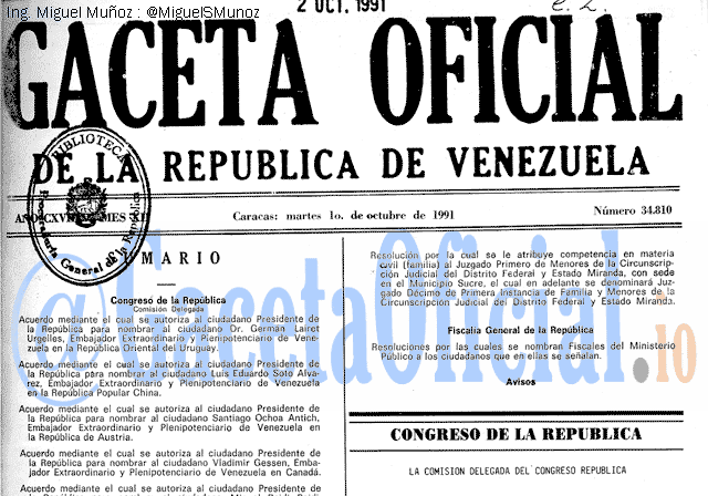 Gaceta Oficial 34810 del 1 Octubre 1991