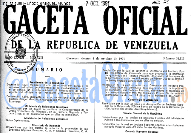 Gaceta Oficial 34813 del 4 Octubre 1991