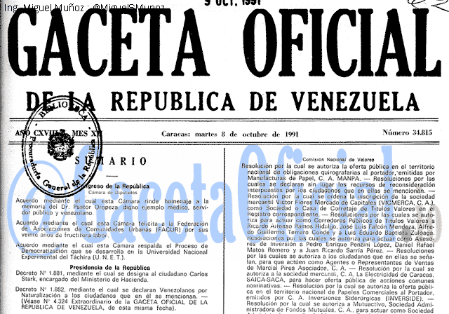Gaceta Oficial 34815 del 8 Octubre 1991