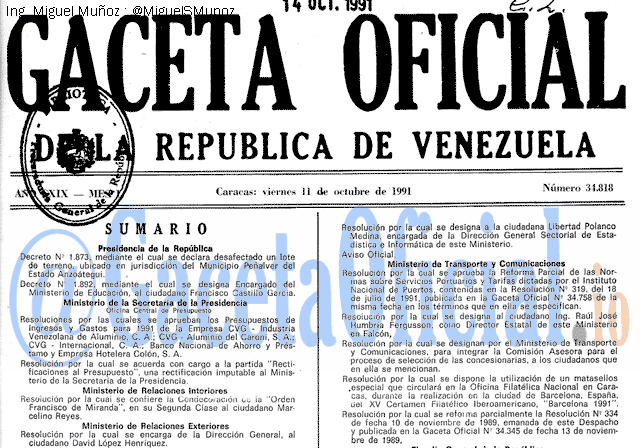 Gaceta Oficial 34818 del 11 Octubre 1991