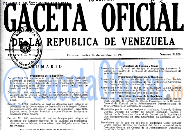 Gaceta Oficial 34820 del 15 Octubre 1991