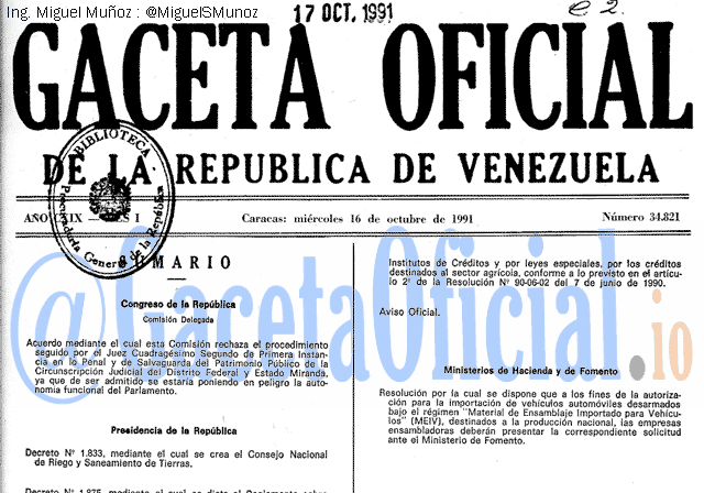 Gaceta Oficial 34821 del 16 Octubre 1991