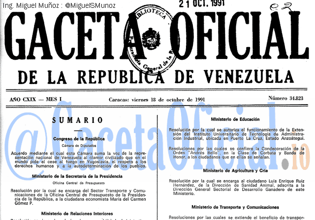 Gaceta Oficial 34823 del 18 Octubre 1991