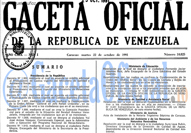 Gaceta Oficial 34825 del 22 Octubre 1991