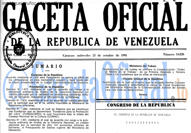 Gaceta Oficial 34826 del 23 Octubre 1991
