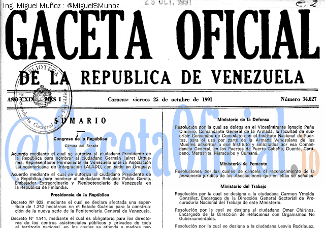 Gaceta Oficial 34827 del 25 Octubre 1991