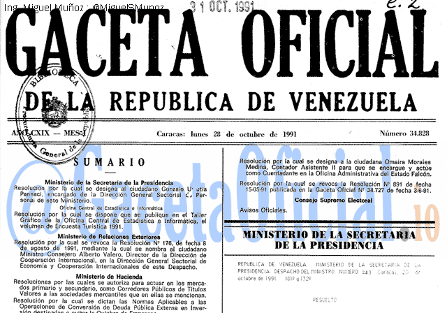 Gaceta Oficial 34828 del 28 Octubre 1991