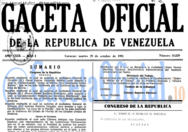 Gaceta Oficial 34829 del 29 Octubre 1991