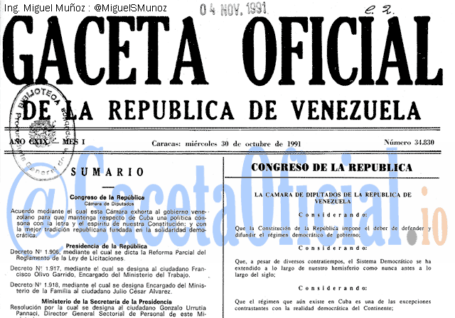 Gaceta Oficial 34830 del 30 Octubre 1991