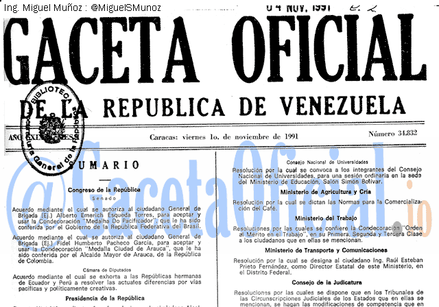 Gaceta Oficial 34832 del 1 Noviembre 1991