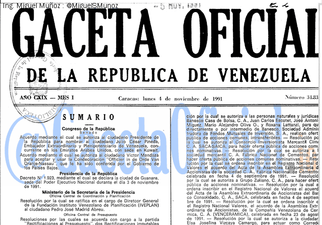 Gaceta Oficial 34833 del 4 Noviembre 1991