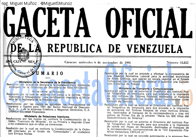 Gaceta Oficial 34835 del 6 Noviembre 1991