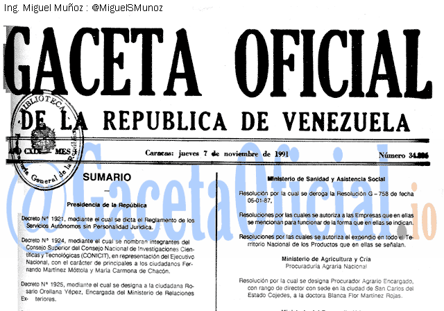 Gaceta Oficial 34836 del 7 Noviembre 1991