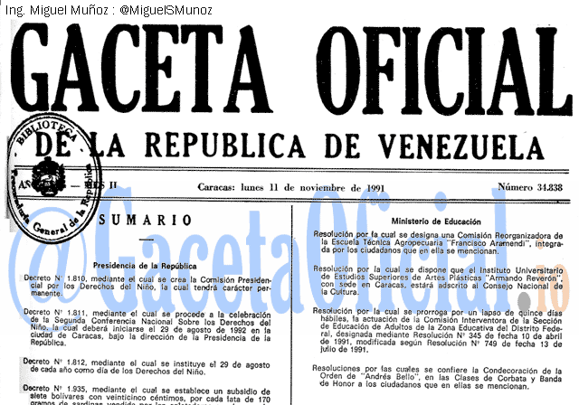 Gaceta Oficial 34838 del 11 Noviembre 1991