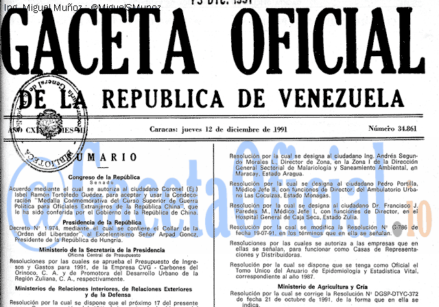 Gaceta Oficial 34861 del 12 Diciembre 1991