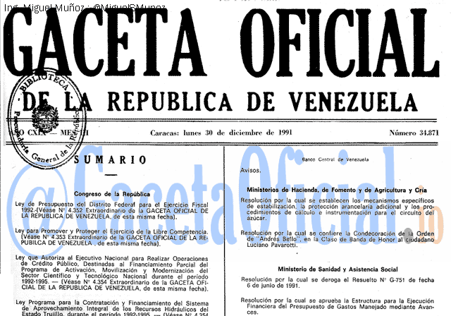 Gaceta Oficial 34871 del 30 Diciembre 1991