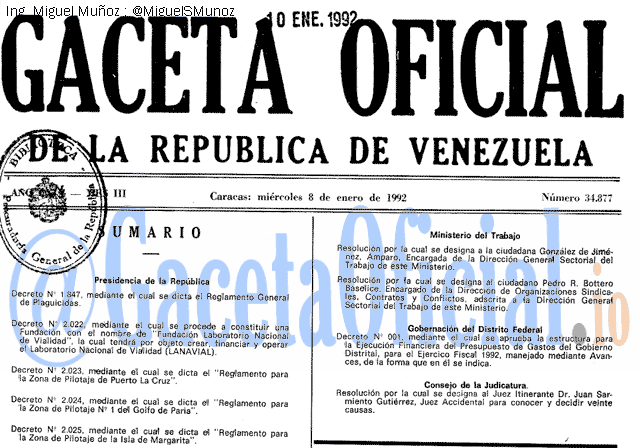 Gaceta Oficial 34877 del 8 Enero 1992