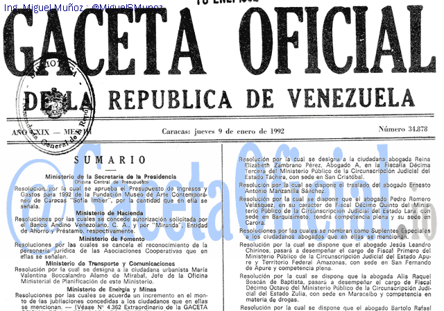 Gaceta Oficial 34878 del 9 Enero 1992