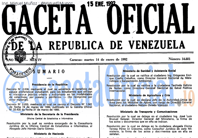 Gaceta Oficial 34881 del 14 Enero 1992