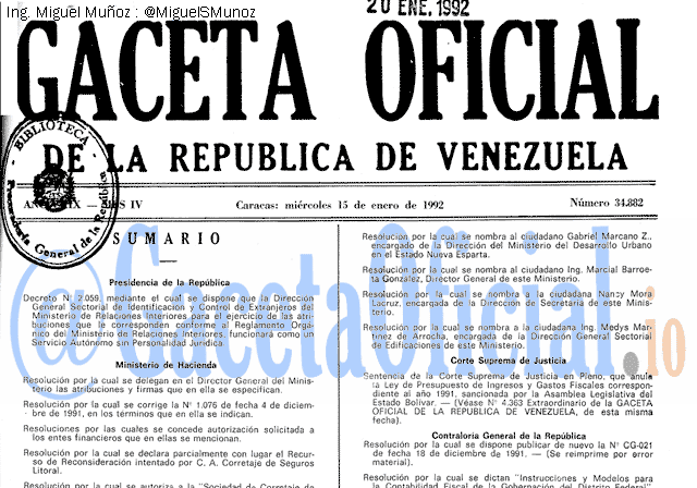 Gaceta Oficial 34882 del 15 Enero 1992