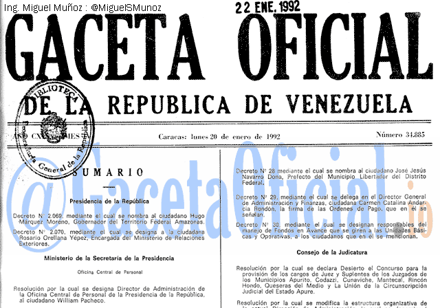 Gaceta Oficial 34885 del 20 Enero 1992