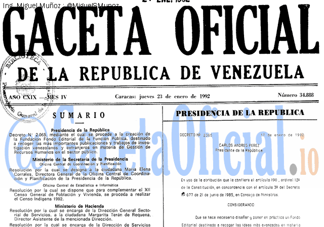 Gaceta Oficial 34888 del 23 Enero 1992