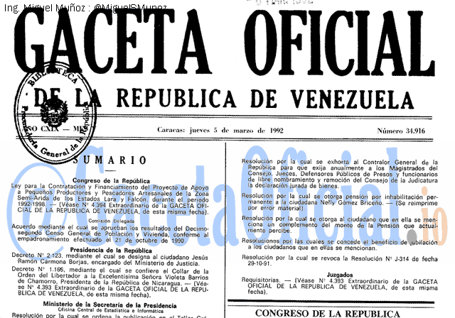 Gaceta Oficial 34916 del 5 Marzo 1992