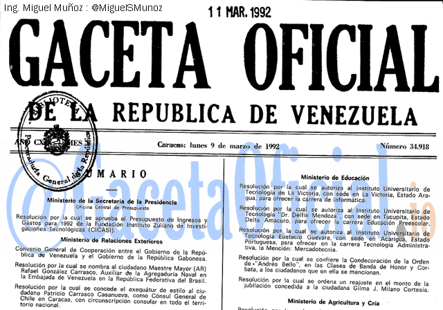 Gaceta Oficial 34918 del 9 Marzo 1992