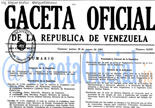 Gaceta Oficial 34919 del 10 Marzo 1992